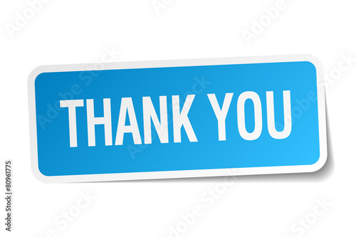 thank you blue square sticker isolated on white