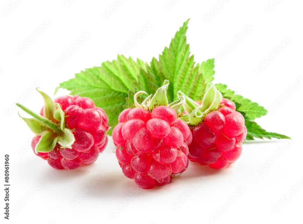 Raspberry with leaves isolated on white background Raspberry with leaves isolated on white background