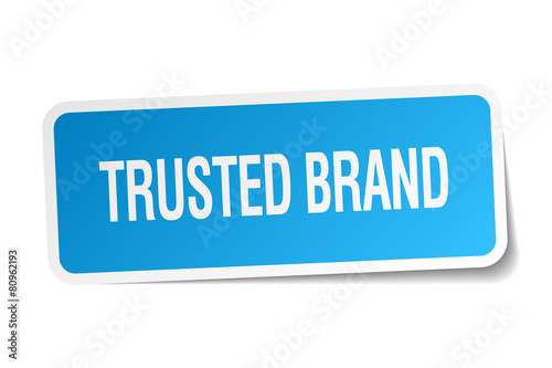 trusted brand blue square sticker isolated on white