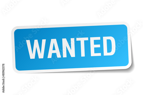 wanted blue square sticker isolated on white
