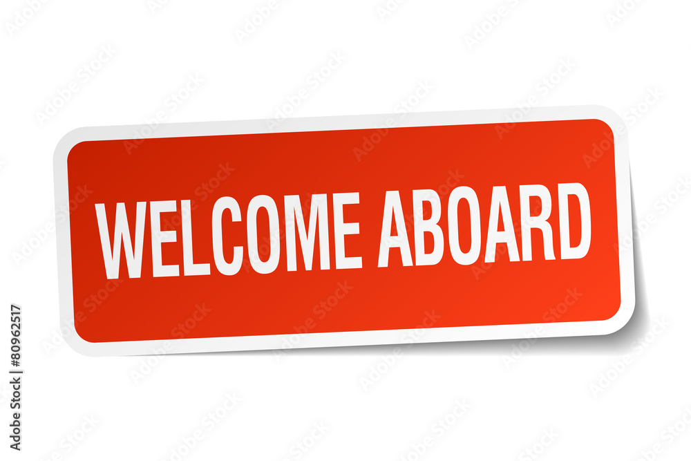 welcome aboard red square sticker isolated on white welcome aboard red square sticker isolated on white