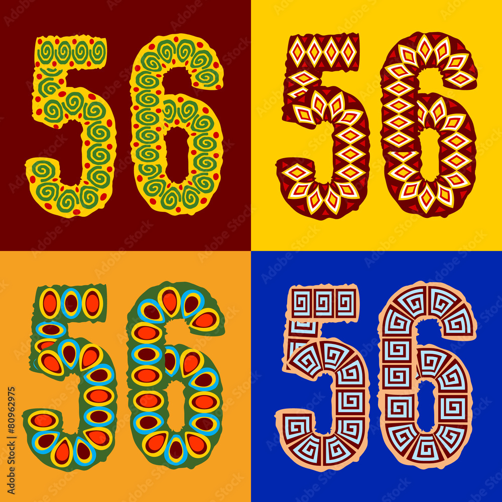 Vector set of ethnic font with african ornament. Numbers 5 6