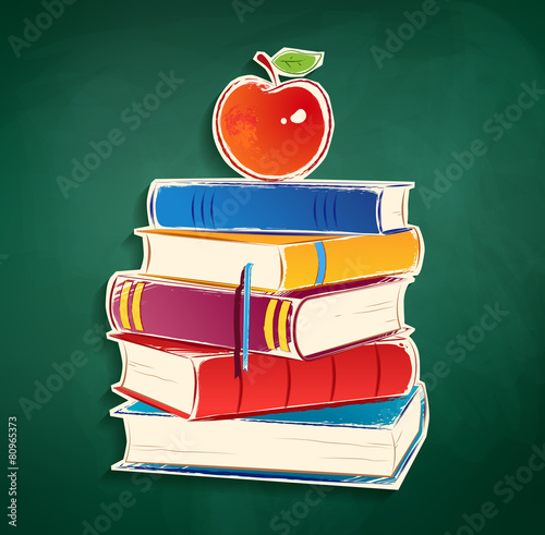 Sticker with pile of books and apple.