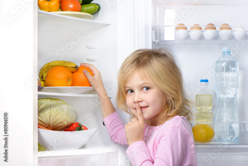 Little cute girl making silence sign near open fridge