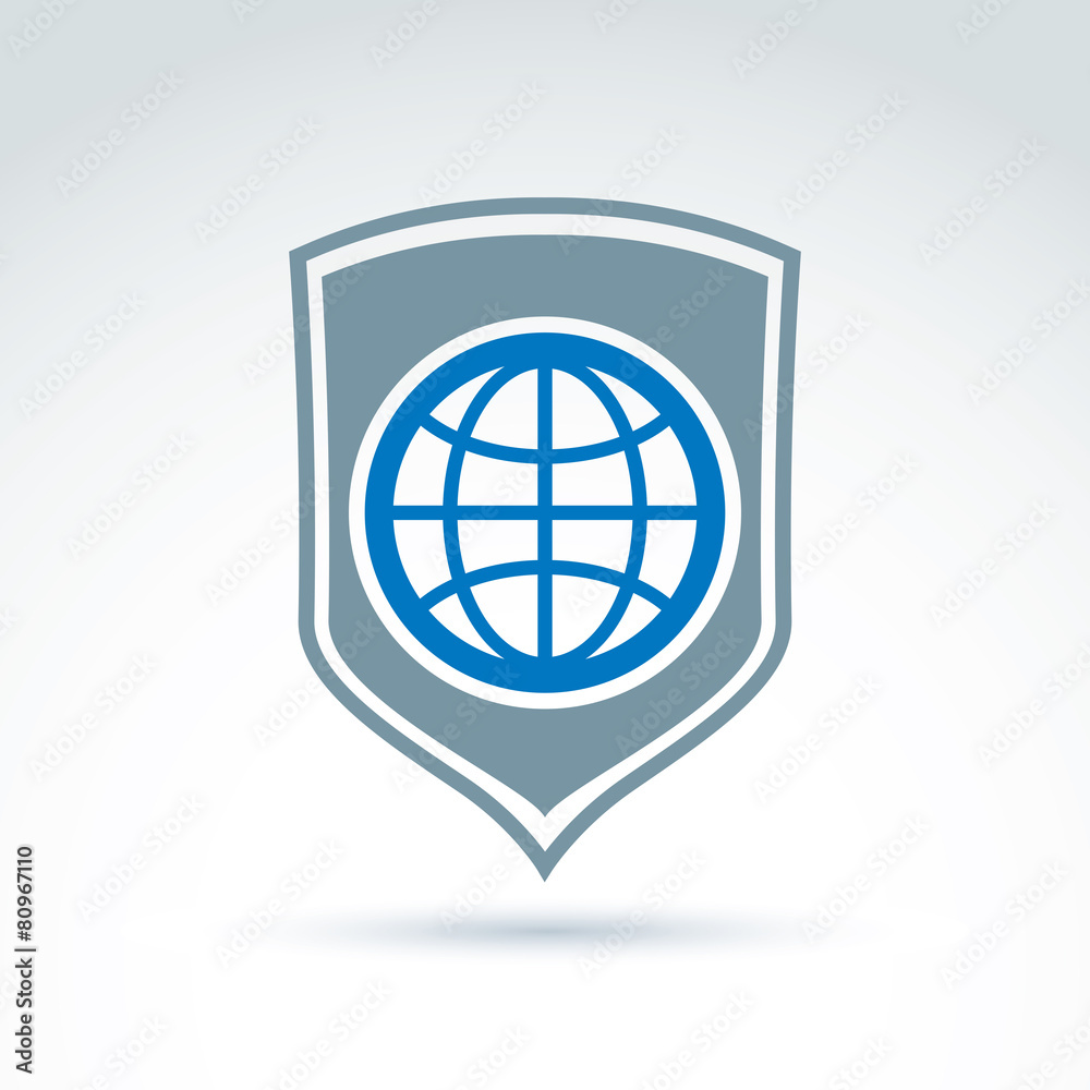 Blue planet placed on a shield, save earth conceptual symbol. Ec Blue planet placed on a shield, save earth conceptual symbol. Ec