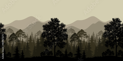 Seamless Landscape, Trees and Mountain Silhouettes