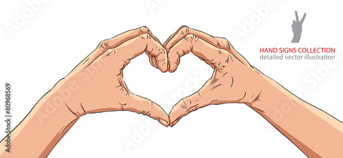 Hands in heart form, detailed vector illustration.