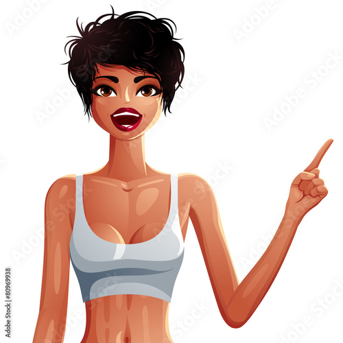 Beautiful tanned woman pointing at some empty copy space to side