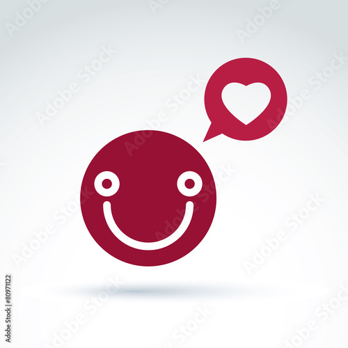 Smiling happy person in love, red speech bubble with loving hear