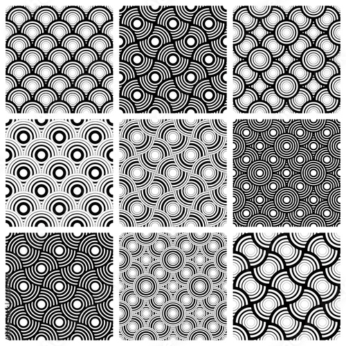 Circles black and white geometric seamless patterns set, vector