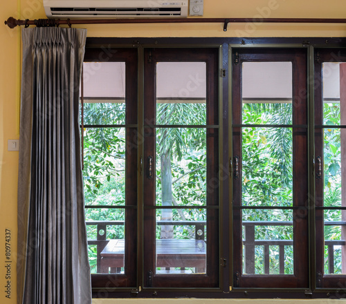 Closed window with curtain