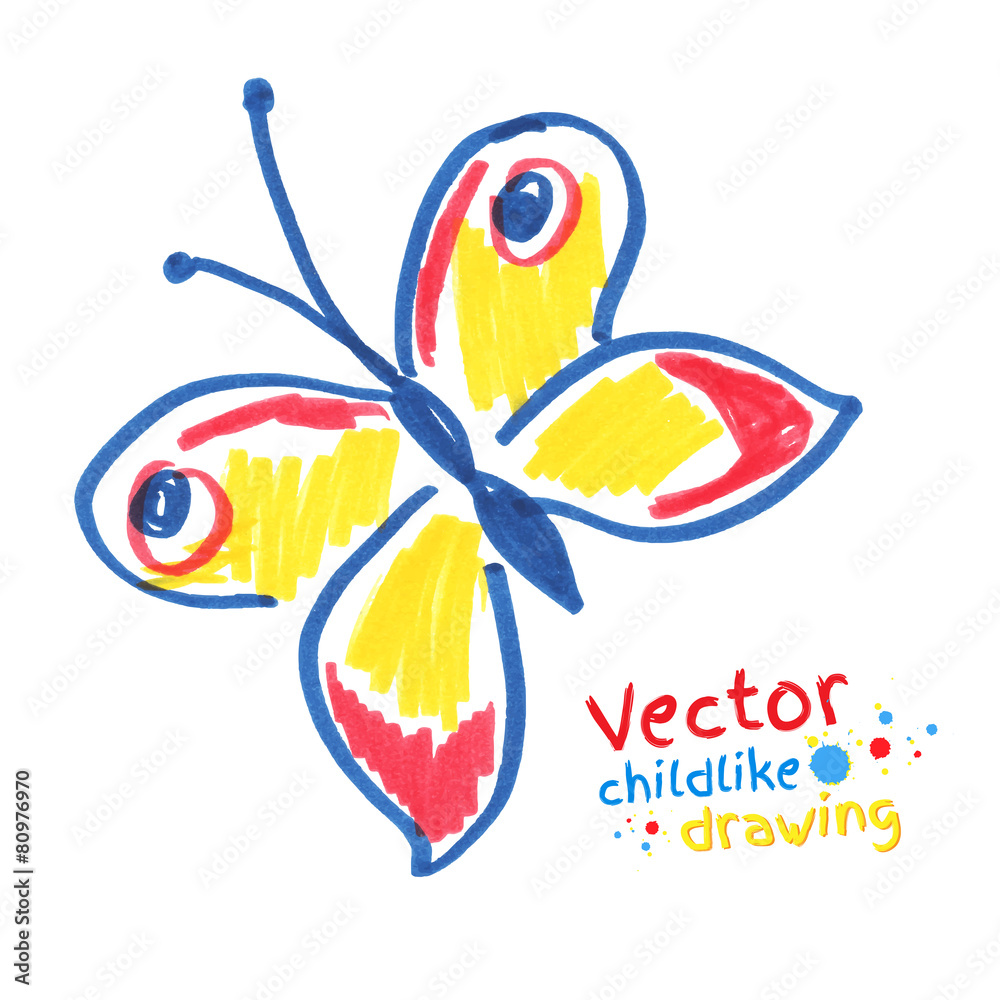 Childlike drawing of butterfly. Childlike drawing of butterfly.