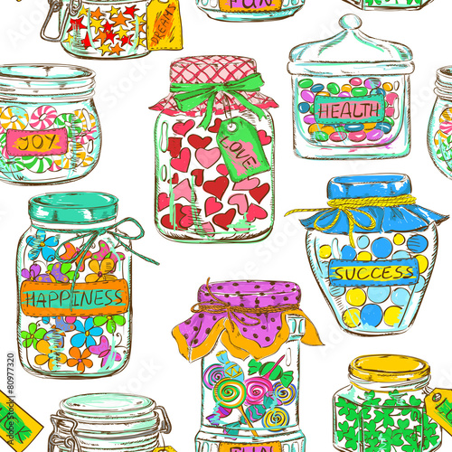 Seamless pattern of mason jars with greeting wishes