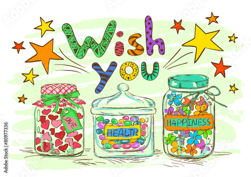 Birthday greeting card with jars and wishes