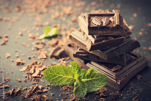 Dark chocolate with mint leaf