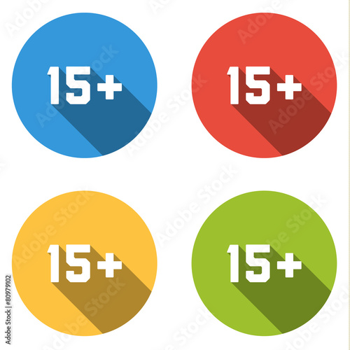 Collection of 4 isolated flatl buttons (icons) for 15+ sign (lim