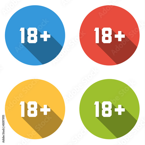 Collection of 4 isolated flat buttons (icons) for 18+ sign (limi