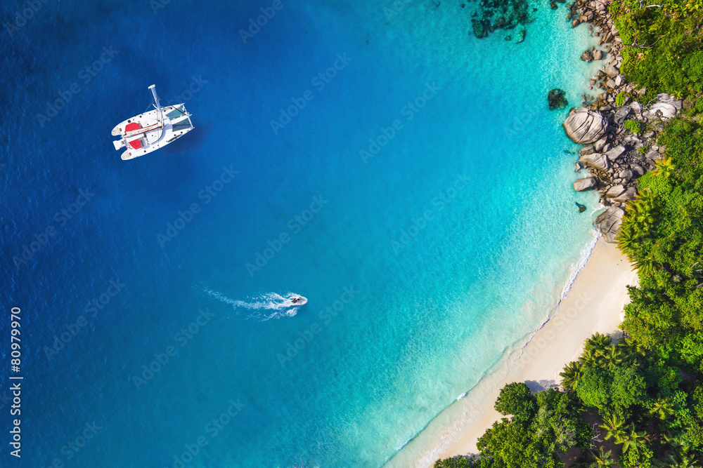 Fototapeta premium Amazing view to Yacht in bay with beach - Drone view. Birds eye