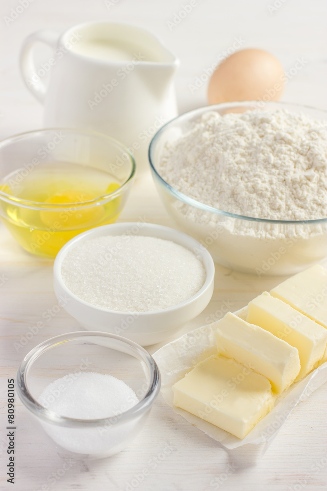 Ingredients for baking on the white wooden table