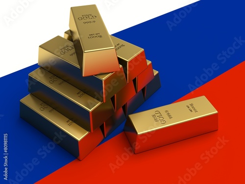 Gold bars on top of a Russia flag.