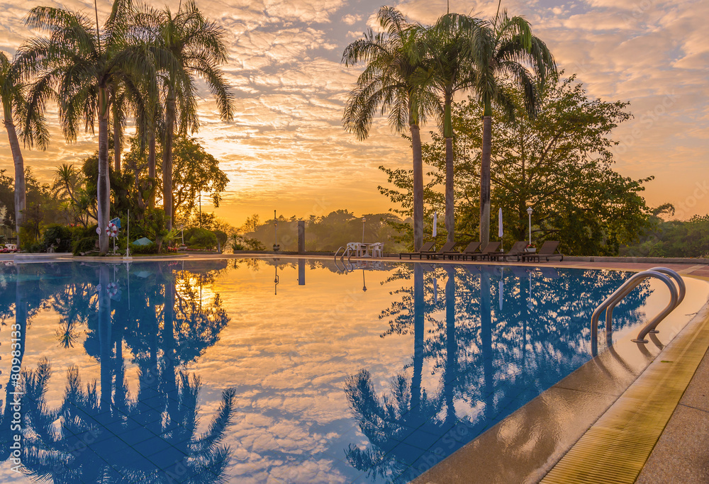 Luxury swimming pool with plam tree at during sunrise
