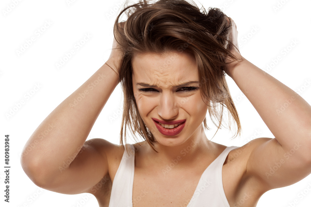 beautiful young woman has a bad headache beautiful young woman has a bad headache