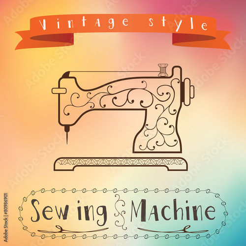Old retro sewing machine. Vintage label design. Hipster theme