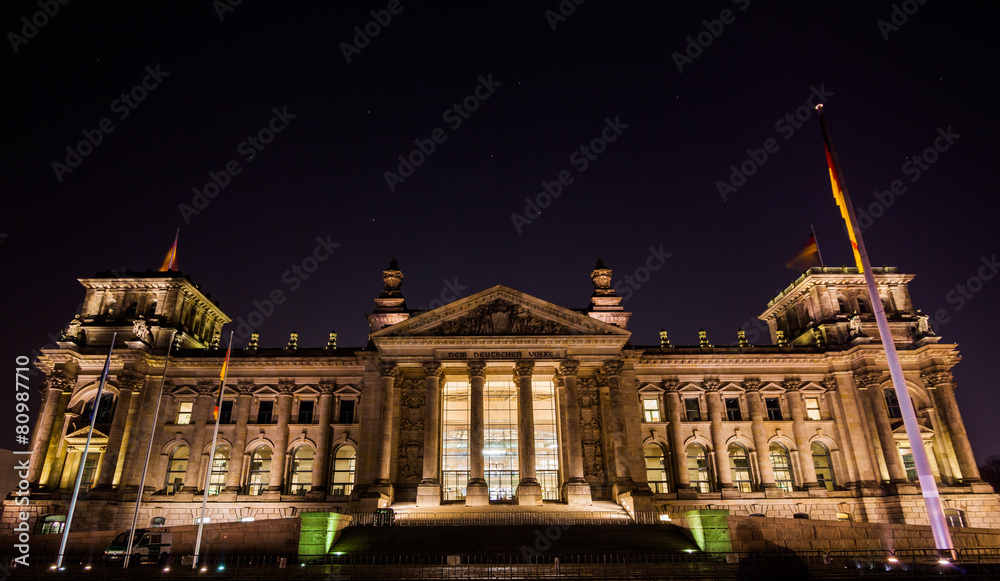 Night view of Reichstag building in Berlin, Germany . Building o