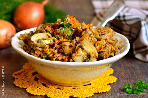 Buckwheat with fried mushrooms and vegetable.