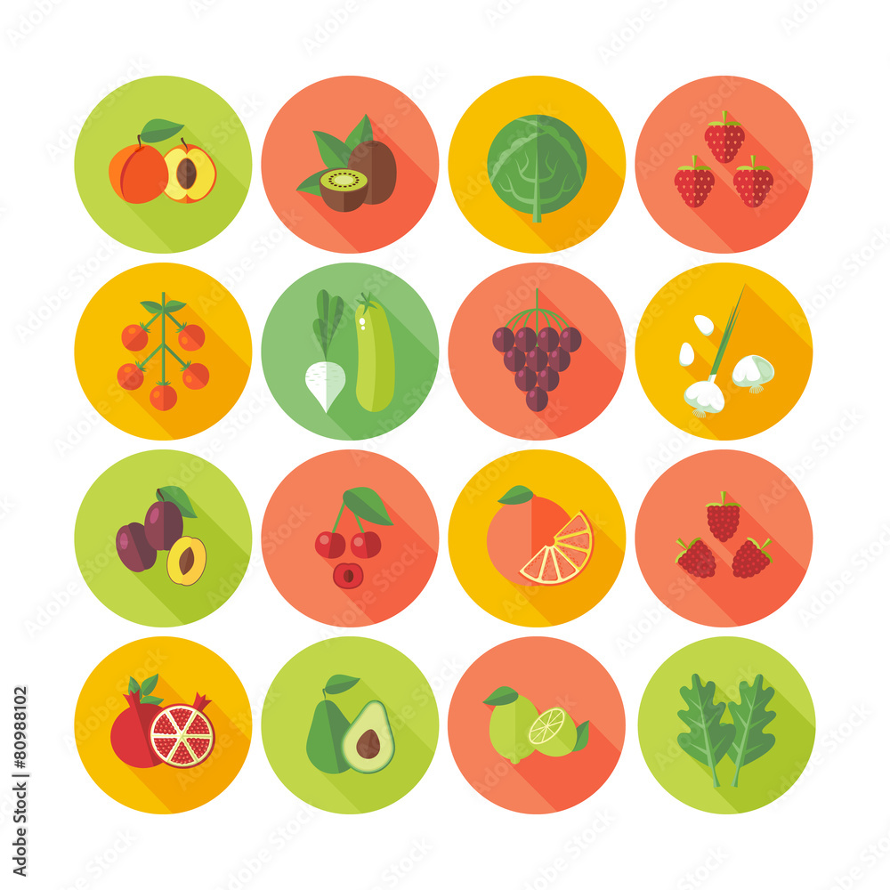 Set of flat design circle icons for fruits and vegetables. Set of flat design circle icons for fruits and vegetables.