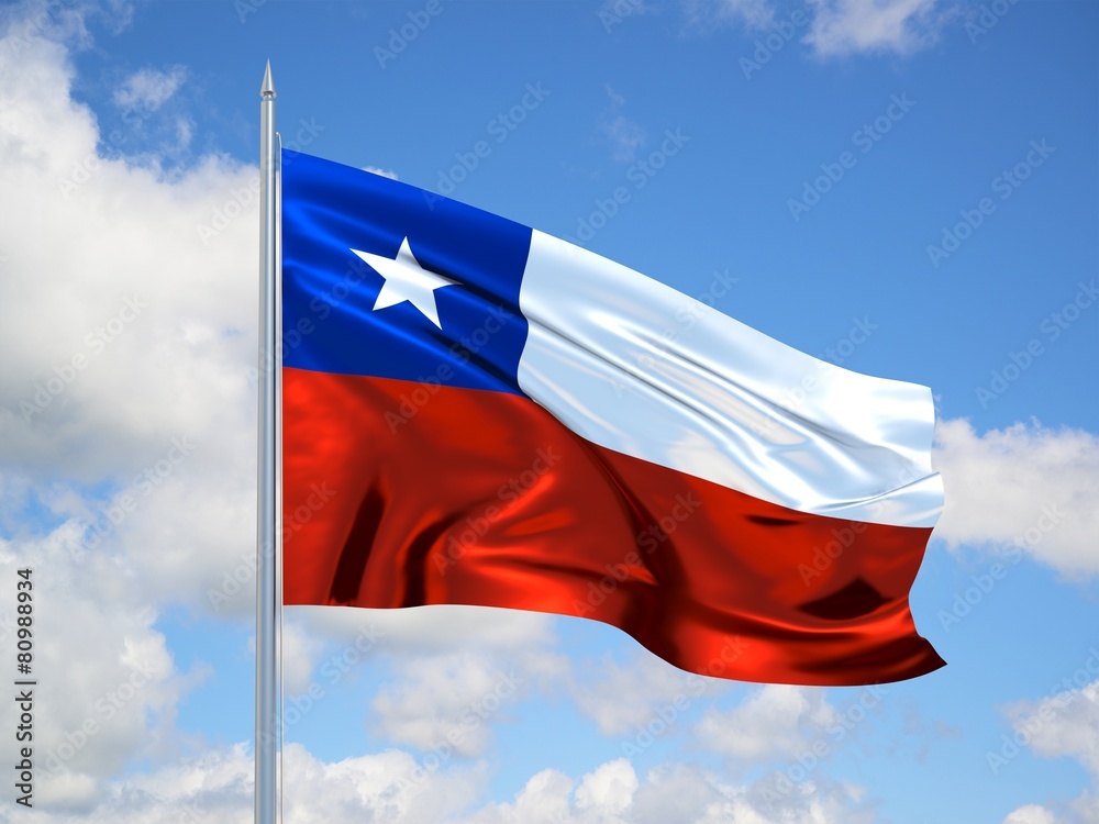 Naklejka premium chile 3d flag floating in the wind in blue sky