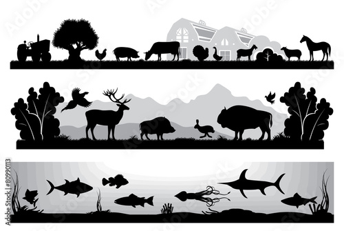 set of black and white landscapes wildlife, farm, marine life