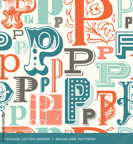 Seamless vintage pattern letter P in retro colors