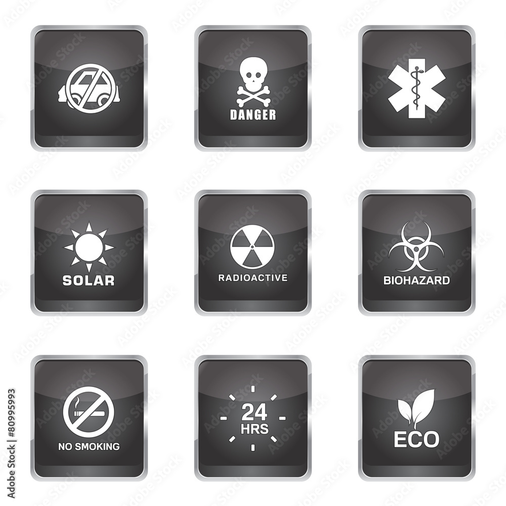 Warning Sign Square Vector Black Button Icon Design Set Warning Sign Square Vector Black Button Icon Design Set