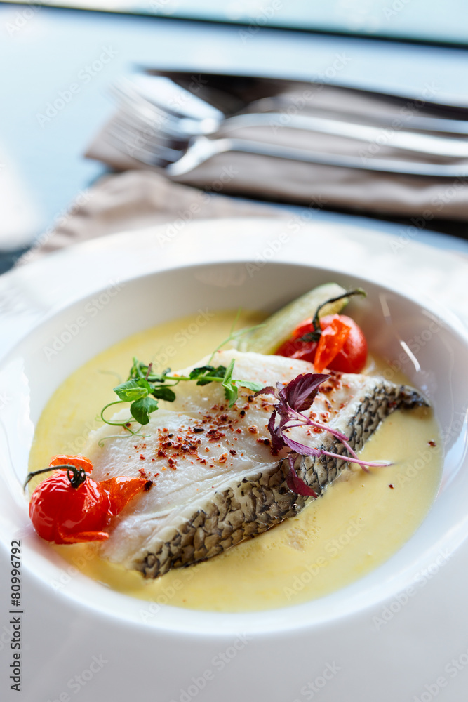Chilean seabass fillet in plate Chilean seabass fillet in plate