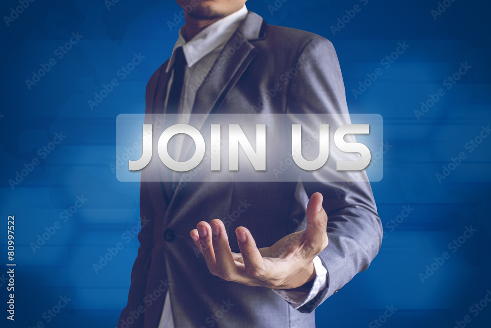 Businessman or Salaryman with JOIN US text modern interface conc Businessman or Salaryman with JOIN US text modern interface conc