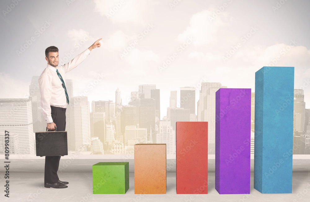 Business person climbing up on colourful chart pillars concept Business person climbing up on colourful chart pillars concept
