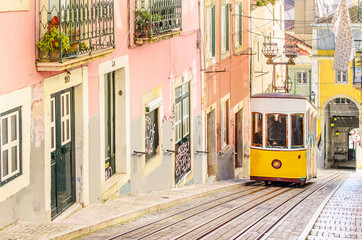 Fototapete Honigfarbe Traditionelle gelbe Straßenbahnen auf einer Straße in Lissabon, Portugal  © Marcin Krzyzak