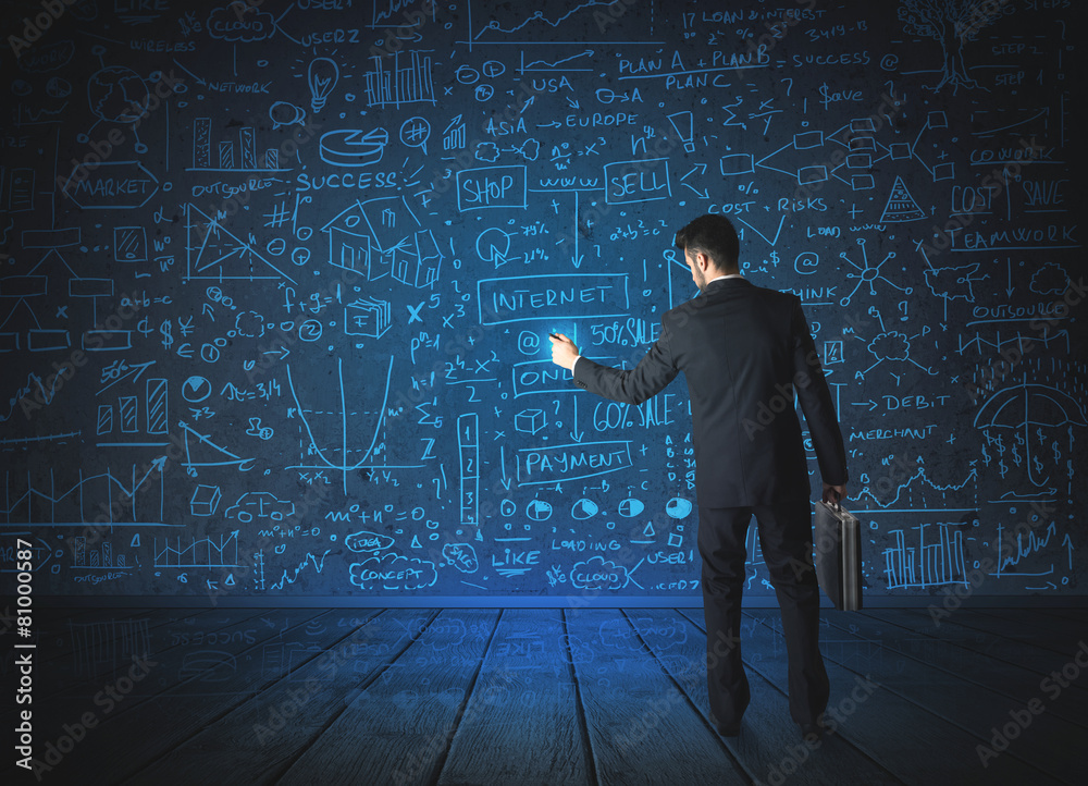 Drawing businessman with economy project background Drawing businessman with economy project background