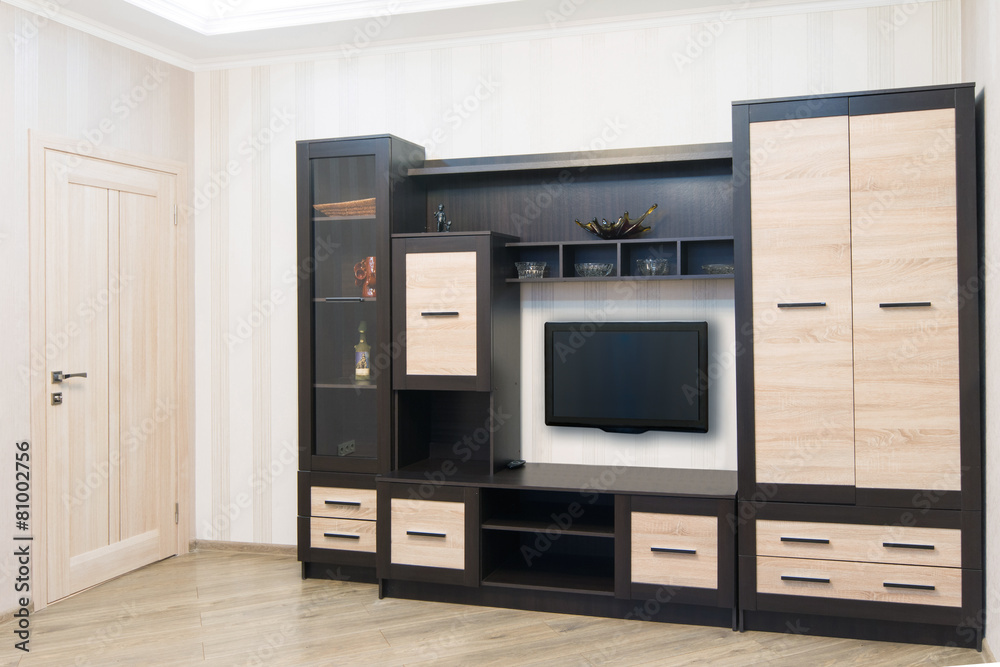 Spacious room with furniture, large closet and TV.