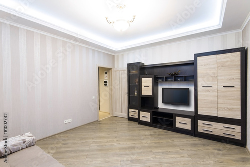 Spacious room with furniture  large closet and TV.