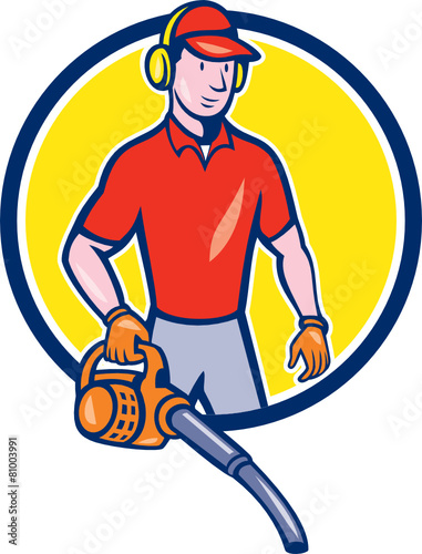 Gardener Landscaper Leaf Blower Circle Cartoon