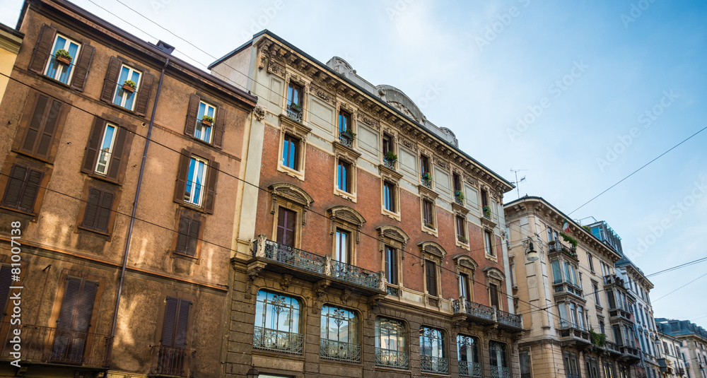 Milan, Italy. Street view with old beautiful apartment buildings