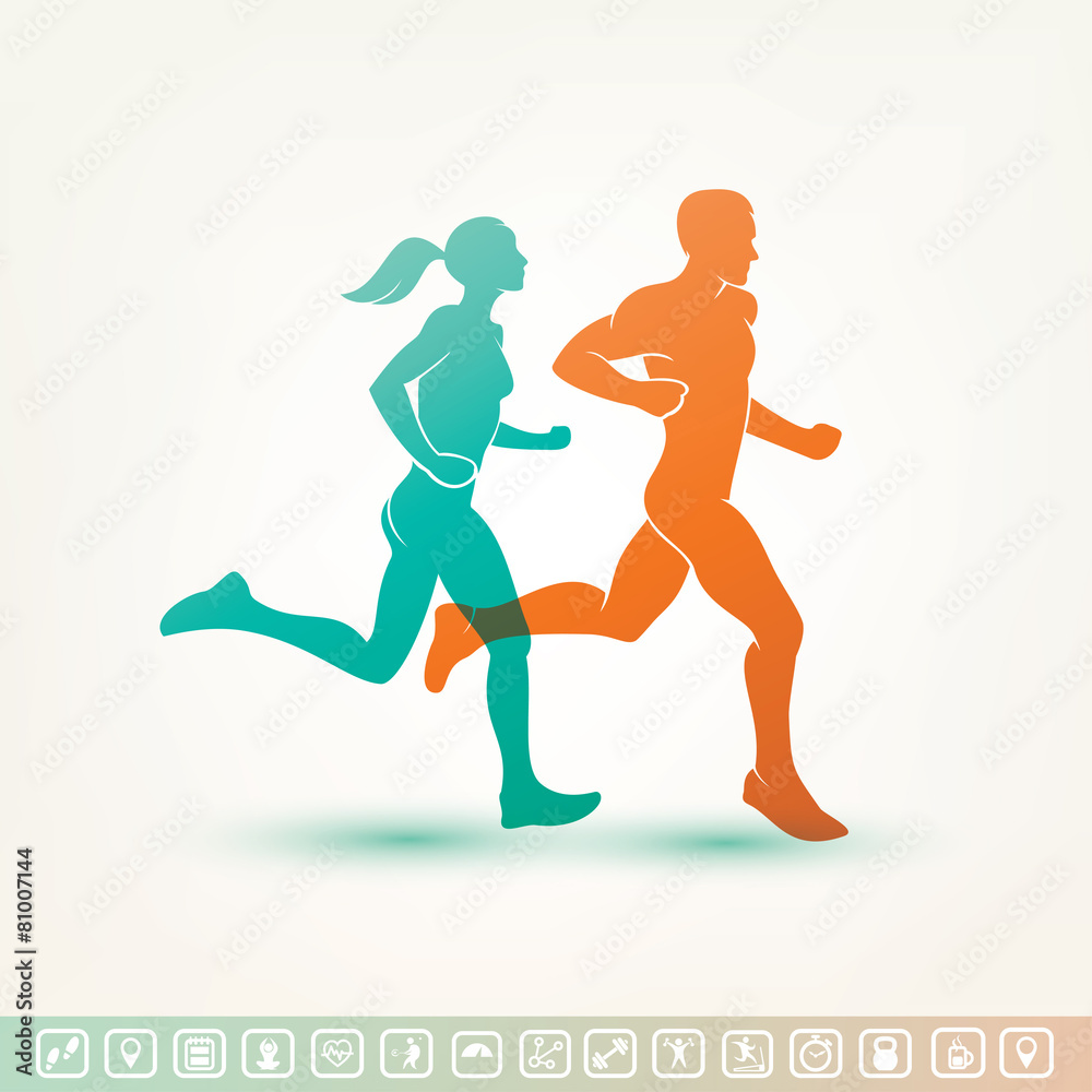 running man and woman silhouette, fitness tracker icons running man and woman silhouette, fitness tracker icons