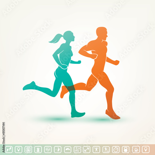 running man and woman silhouette,  fitness tracker icons