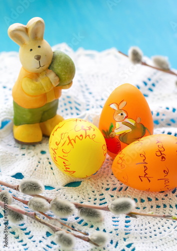 Easter postcard with easter rabbit and eggs