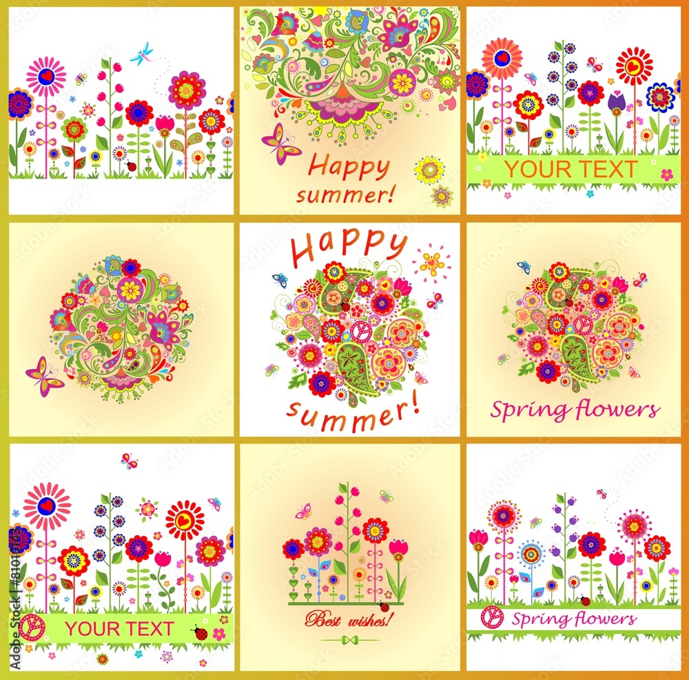 Summery cards with colorful abstract flowers