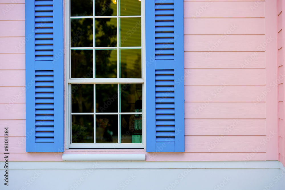 Opened blue window blind