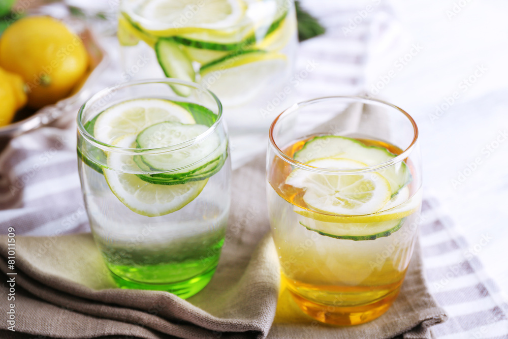 Fresh water with lemon and cucumber in glassware