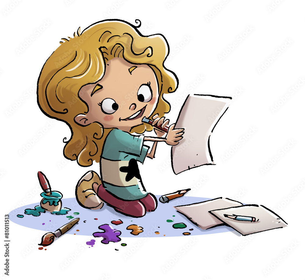 niña pintando un dibujo ilustración de Stock | Adobe Stock